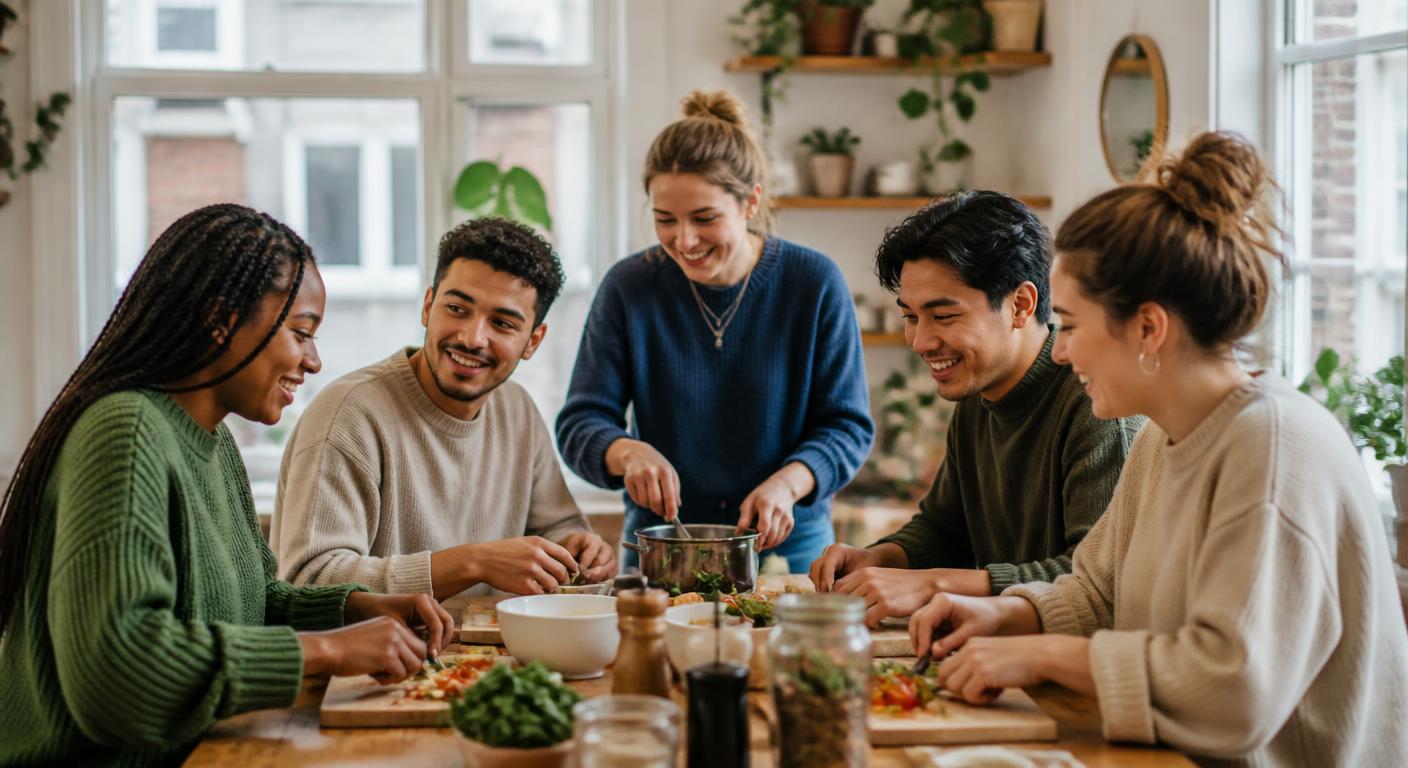 Jongeren en begeleiders aan een gezamenlijke keukentafel