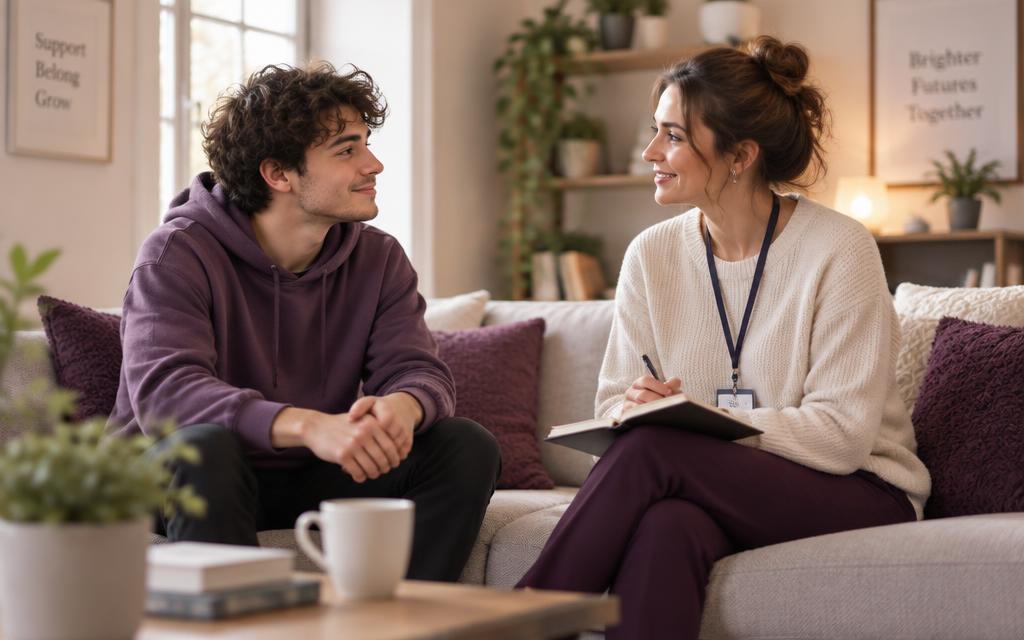 Jongere in gesprek met een begeleider op de bank