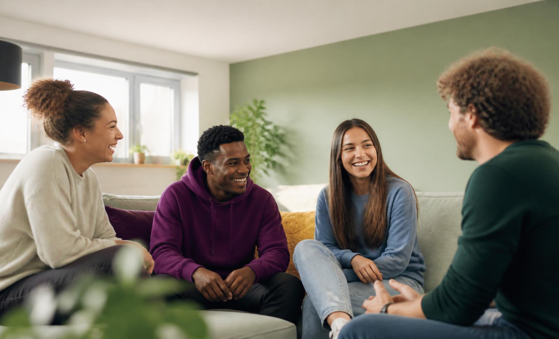 Jongvolwassenen in gesprek met een begeleider in een lichte woonkamer