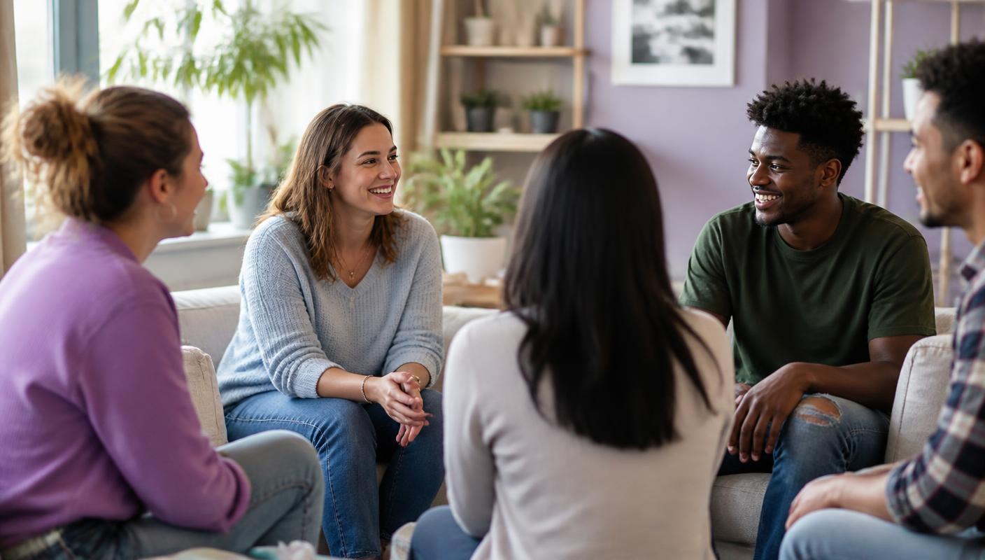 Begeleider in gesprek met een diverse groep jongvolwassenen